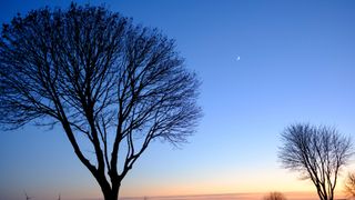 a thin crescent moon beside a pale yellow orb