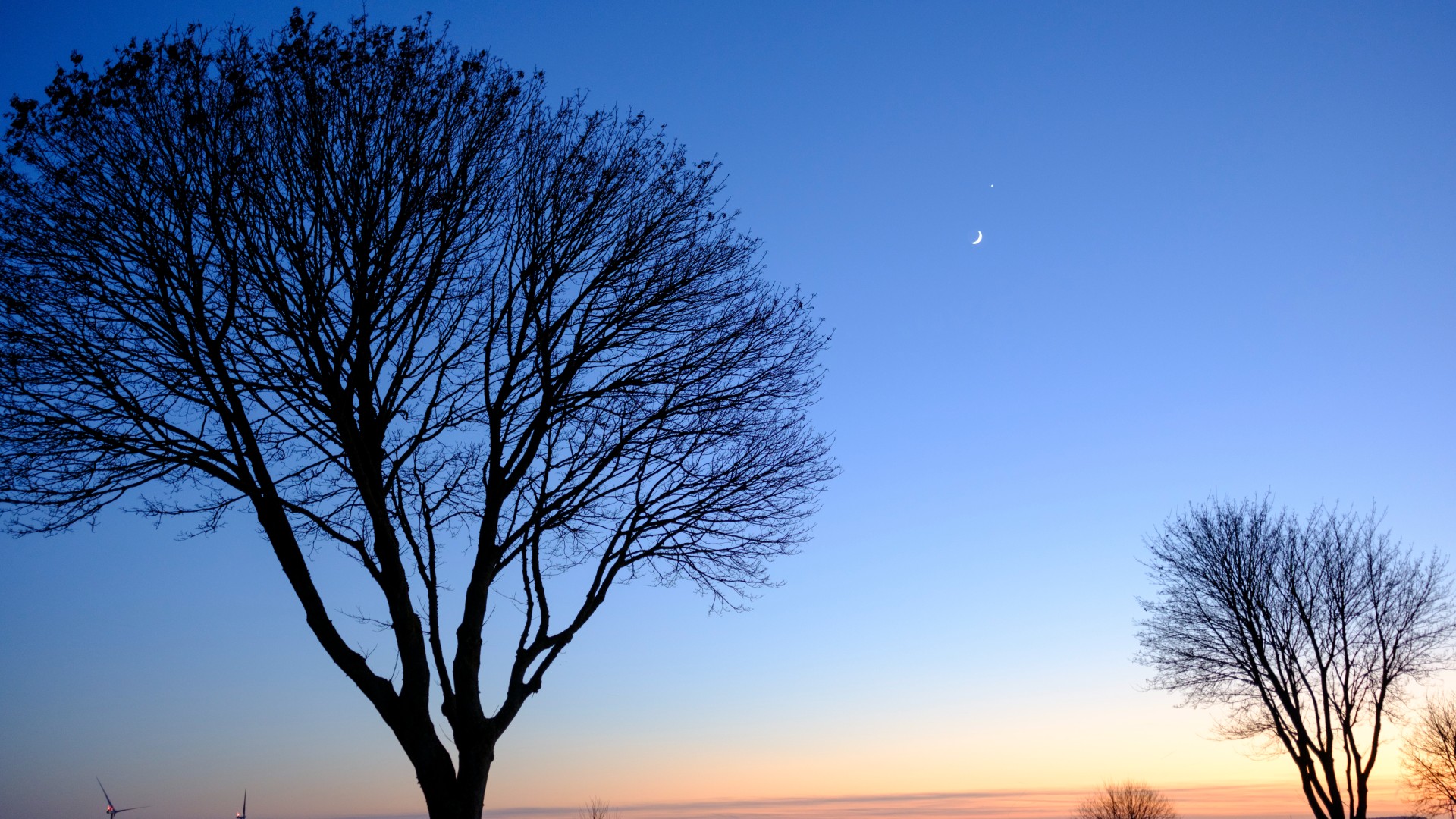 a thin crescent moon beside a pale yellow orb