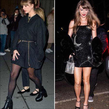 Taylor Swift walks in New York City wearing affordable jewelry brand Mazin and black outfits