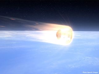 Artist’s rendition of Dragon, thermally protected by SpaceX’s PICA-X advanced heat shield, reentering Earth’s atmosphere.