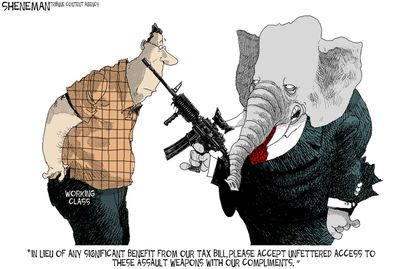 Political cartoon U.S. GOP tax bill guns working class