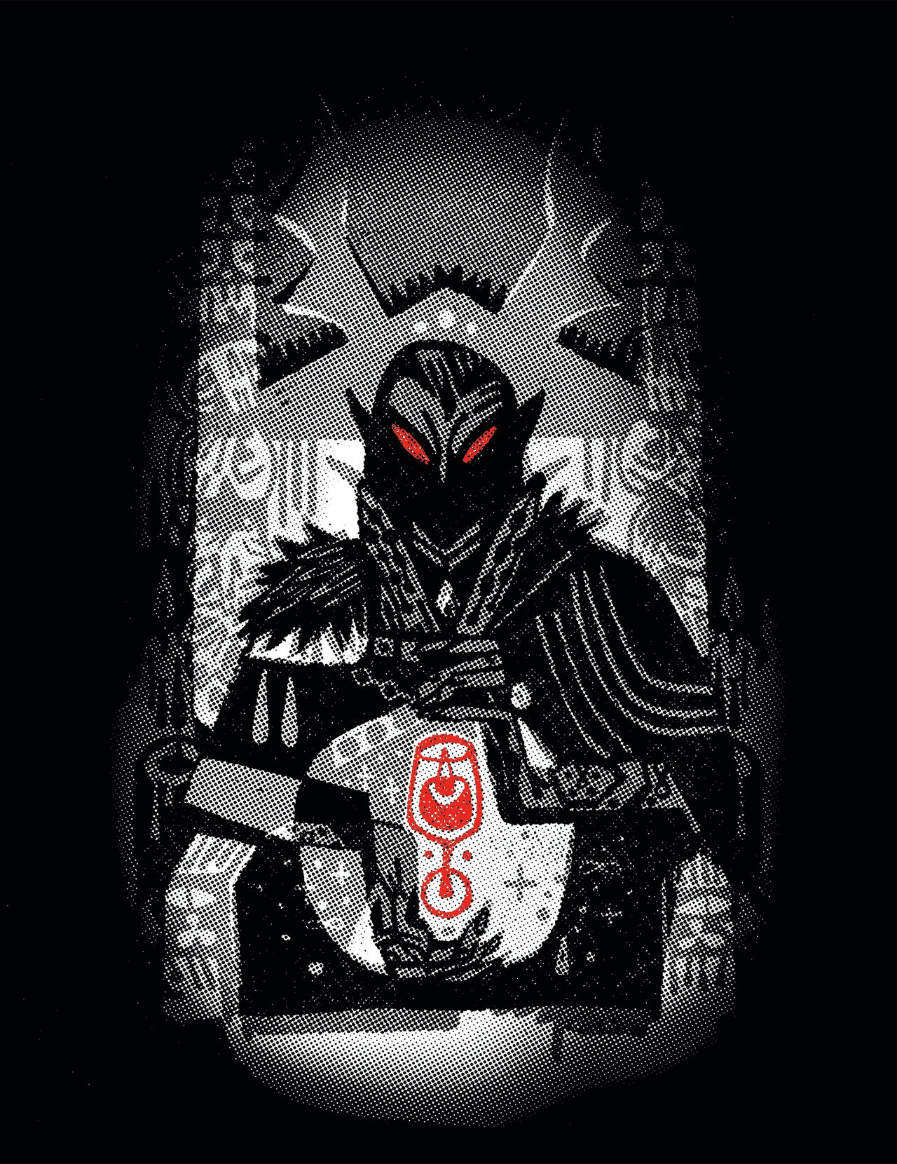 A black and white, stylized image of a vampire holding a red glass