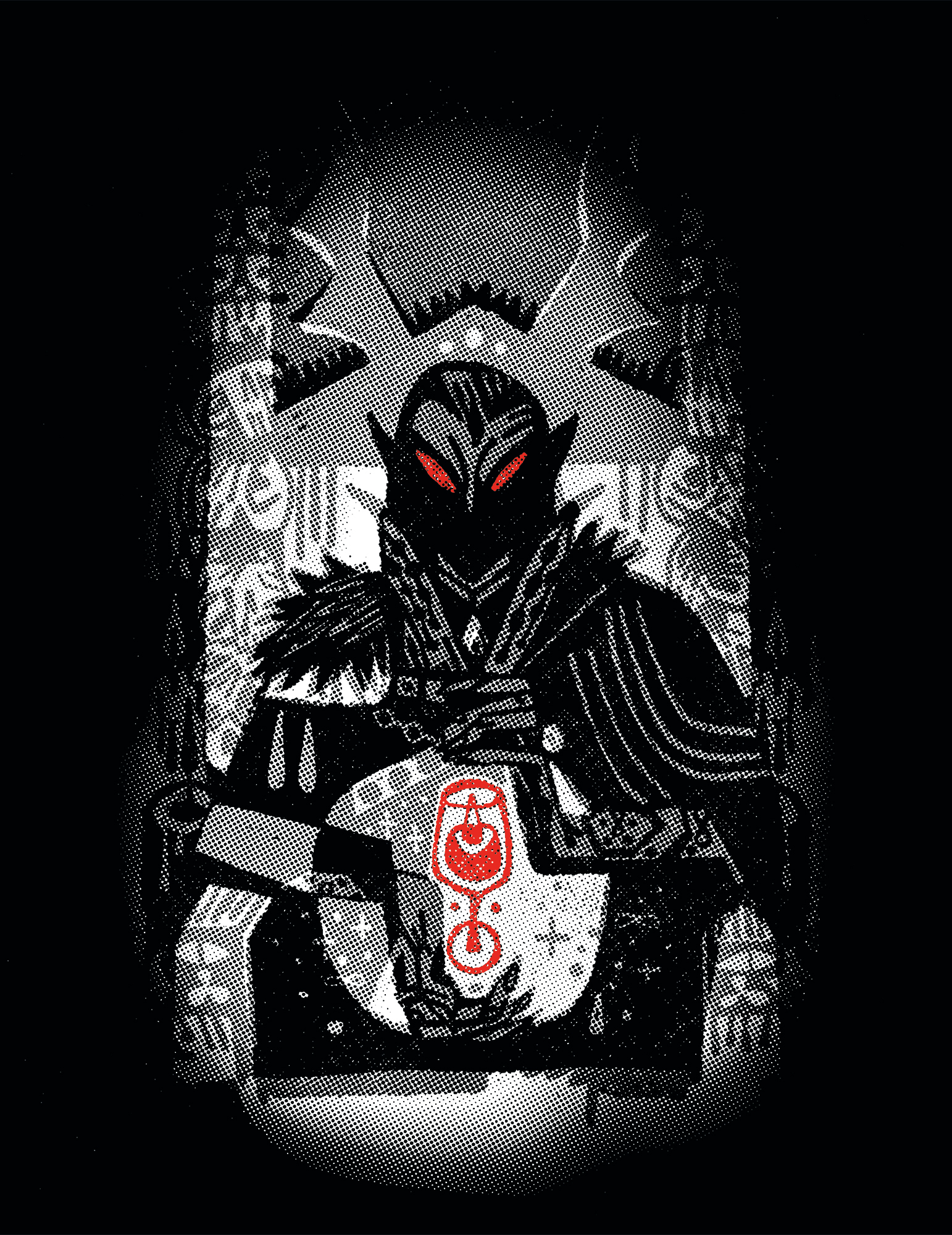 A black and white, stylized image of a vampire holding a red glass