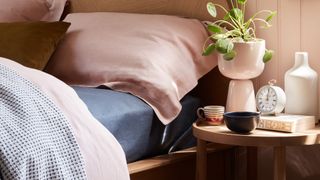 pale pink bedding and a wooden bedside tablle with a plantpot and clock