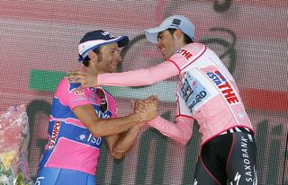 Giro champion Alberto Contador and runner-up Michele Scarponi on the final podium.