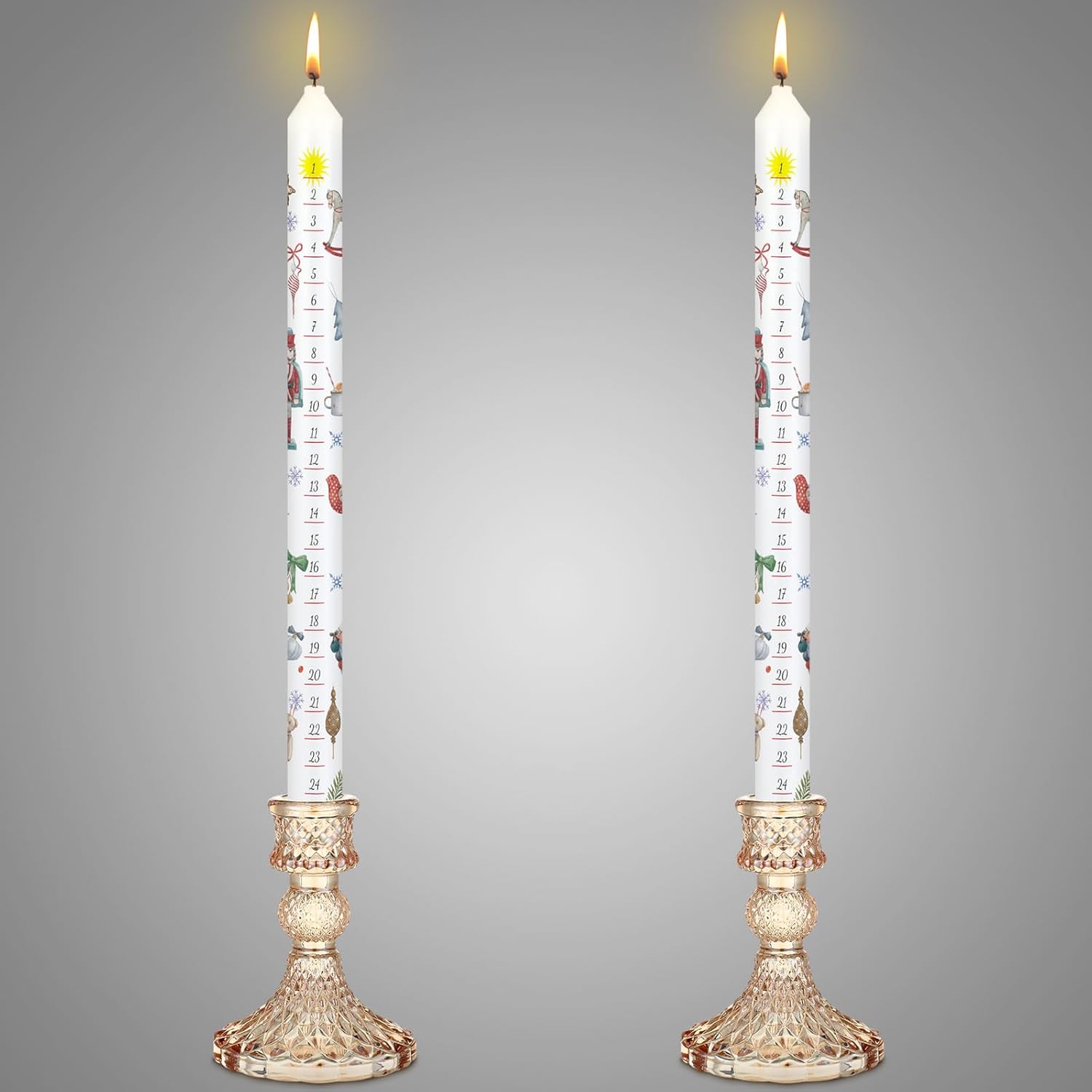2 Set Christmas Advent Calendar Candle Set With 12 Inches Tall Advent Candle and 4 Inch Gold Candleholders for Pillar Candles Countdown Christmas Calendar Candleholders Xmas Gifts for Holiday Decor