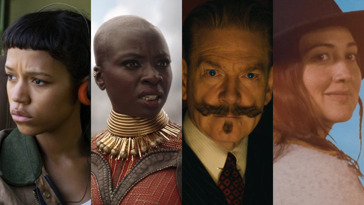 Taylor Russell, Danai Guirira, Kenneth Branagh, and Lily Gladstone, individually pictured side by side.