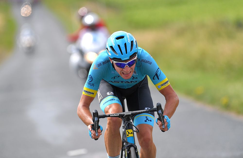 Nikita Stalnov (Astana Pro Team) hands on as the last breakaway rider to be caught during stage 2