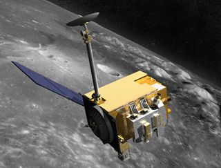 An artwork of NASA's Lunar Reconnaissance Orbiter orbiting the Moon.