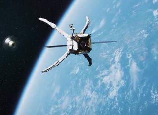 a satellite with a claw-like mechanism grabs another piece of debris in orbit