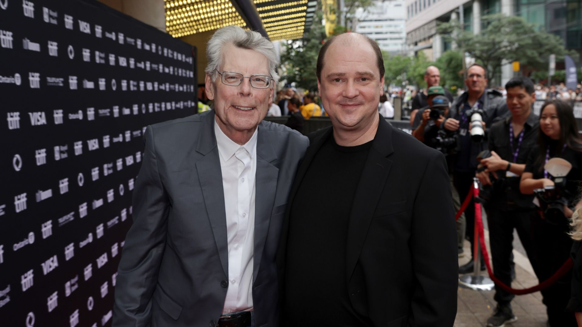 TORONTO, ONTARIO - SEPTEMBER 06: (L-R) Stephen King and Mike Flanagan attends the premiere of "The Life of Chuck" during the 2024 Toronto International Film Festival at Princess of Wales Theatre on September 06, 2024 in Toronto, Ontario. (Photo by Mathew Tsang/Getty Images)