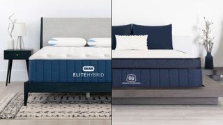 Brooklyn Bedding Aurora Luxe vs Bear Elite Hybrid. Both navy and white mattresses on bed in grey colour-scheme bedrooms.