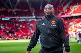 Manchester United Strikers Coach Benni McCarthy reacts at the end of the pre-season friendly match between Manchester United and Rayo Vallecano at Old Trafford on July 31, 2022 in Manchester, England. (Photo by Ash Donelon/Manchester United via Getty Images)
