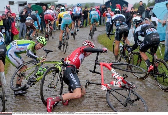 Jurgen Van Den Broeck gets back up after crashing