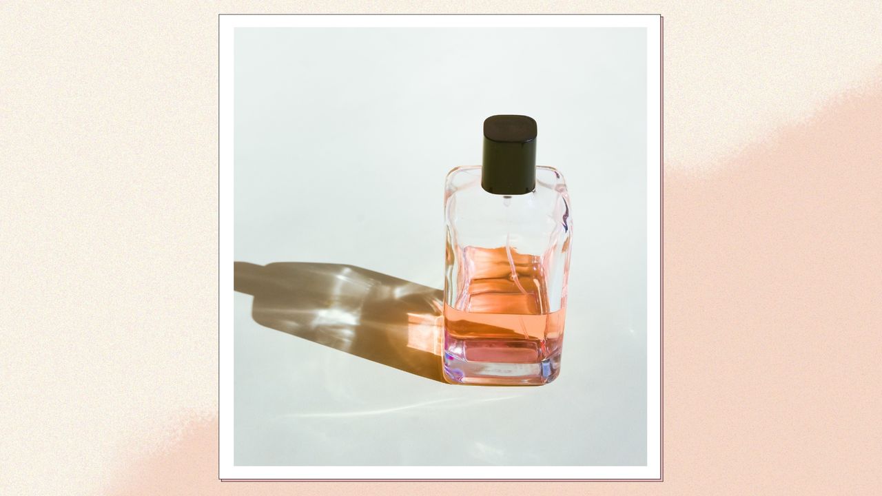 A close up of a half-full perfume bottle with orangey liquid inside and the bottle&#039;s silhouette displayed on a grey-ish backdrop/ in a cream and peach gradient template 