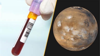 Split image of a blood test and the planet Mars. 