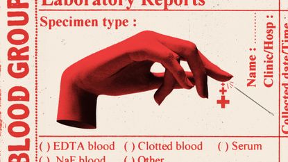 Illustration of a hand pricked by a needle, with cross-shaped drops of blood, surrounded by blood test text