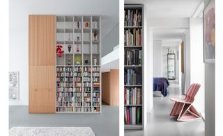 Home for the Arts by i29 features side by side images. Left: A floor to ceiling book shelf. Right: A chair leading through to a corridor