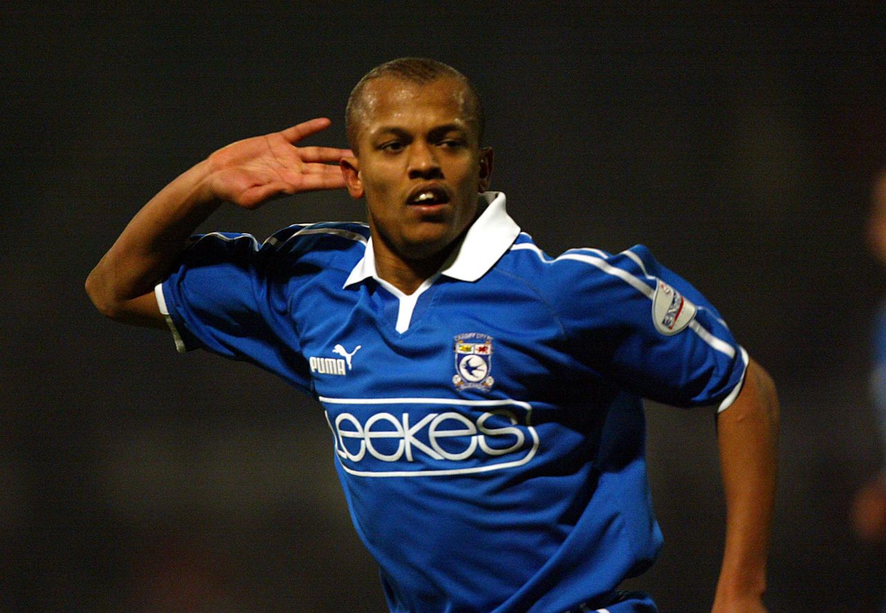 Robert Earnshaw celebrates after scoring for Cardiff City against Plymouth Argyle in Division Two, February 2003