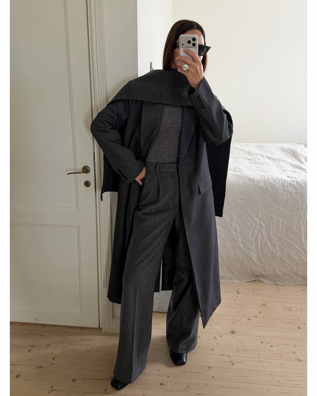 Johanna Piispa wearing Almada Label grey wool trousers