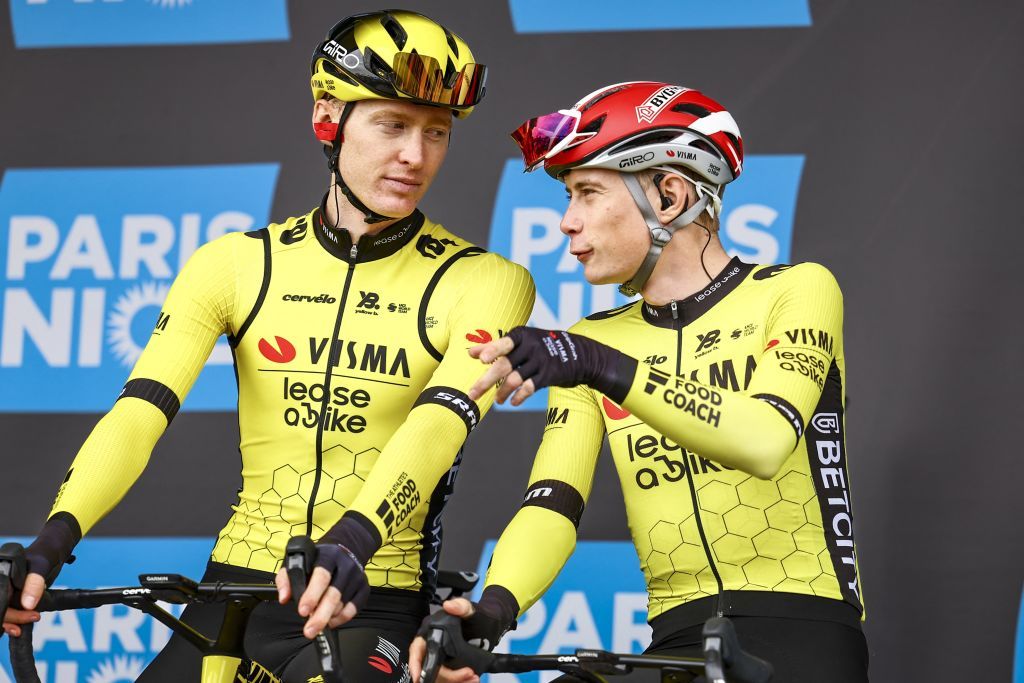 Norwegian Jorgen Nordhagen of Team Visma-Lease a Bike and Danish Jonas Vingegaard Hansen of Team Visma-Lease a Bike pictured before the first stage of 83th edition of the Paris-Nice cycling race, from and to Le Perray-en-Yvelines (156,5km), Sunday 09 March 2025. BELGA PHOTO DAVID PINTENS (Photo by DAVID PINTENS / BELGA MAG / Belga via AFP)