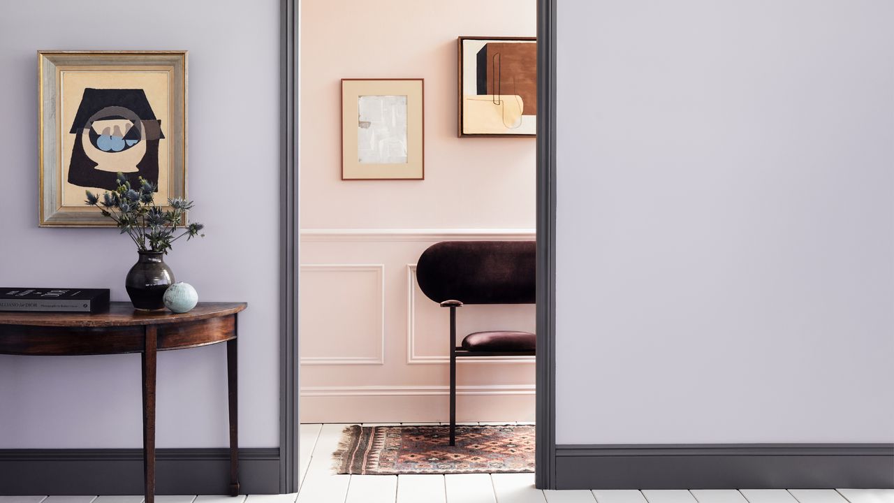 skirting board colour ideas, lilac space with grey skirtings, then view through to pink hallway