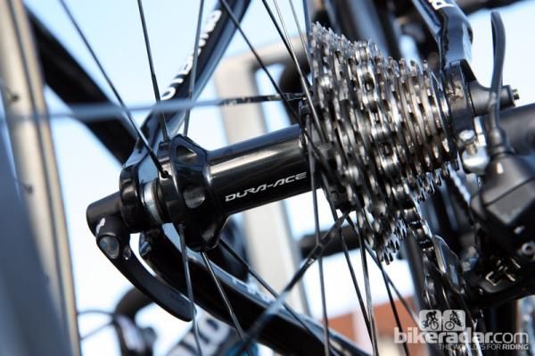 Flange spacing on the new Shimano rear hub is very wide, too, with straight-pull spokes all around and crossed lacing only on the driveside.