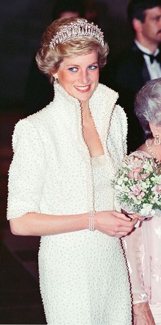 the princess of wales, princess diana visit to hong kong as part of their far east tour, princess diana wears a diamond coronet and pearls a studded gown and short jacket, diana is attending the opening of the new hong kong cultural centre, picture taken 8th november 1989 photo by kent gavindaily mirrormirrorpixgetty images