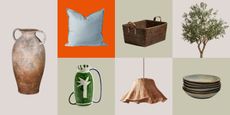 Product grid wilt olive tree, ceramic vase and plates, woven basket, and baby blue cushion