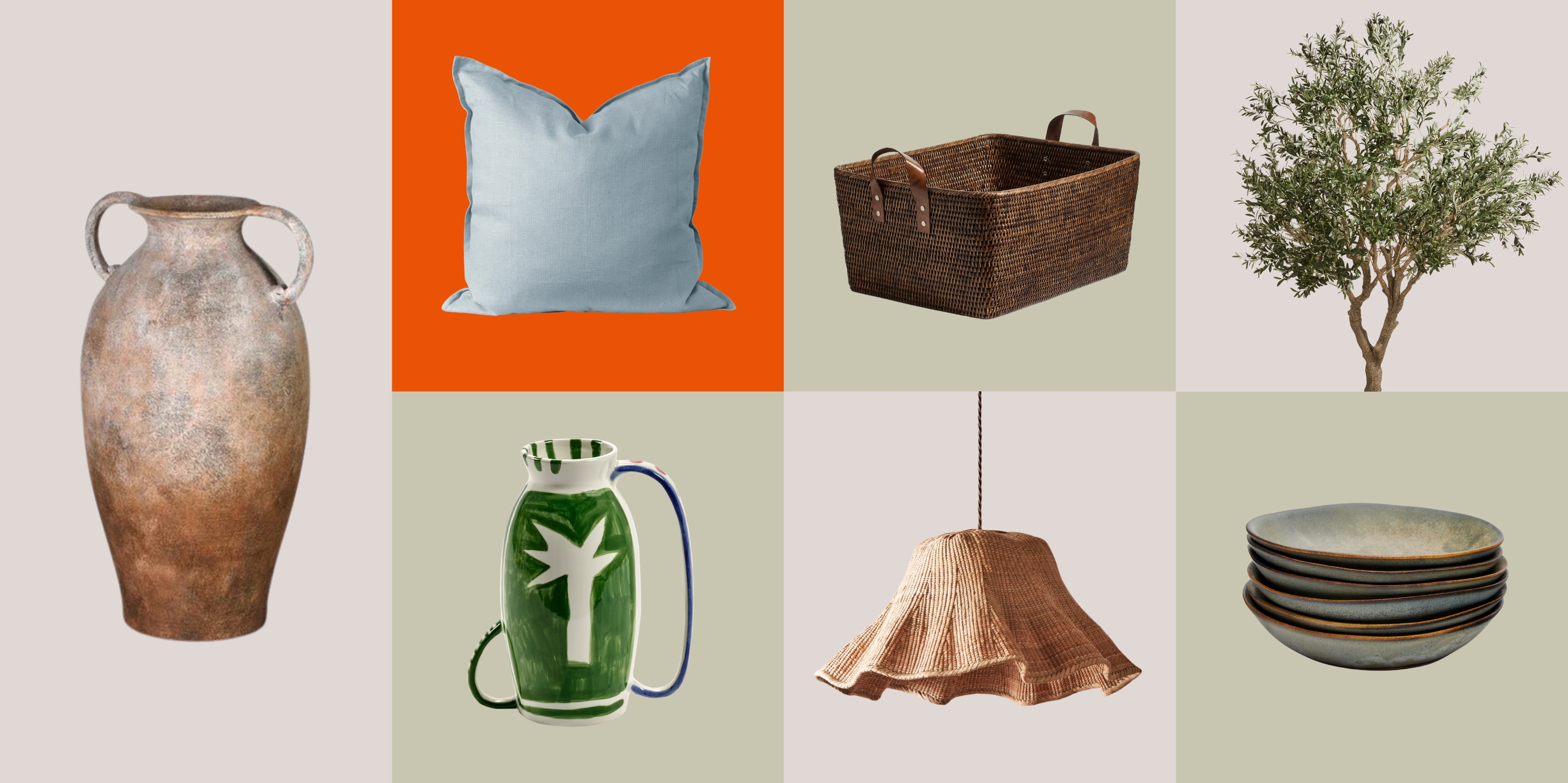 Product grid wilt olive tree, ceramic vase and plates, woven basket, and baby blue cushion