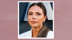 Victoria Beckham is pictured with her hair in a ponytail and wearing a white blazer whilst attending the Netflix 'Beckham' UK Premiere at The Curzon Mayfair on October 03, 2023 in London, England/ in a purple template