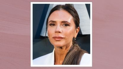 Victoria Beckham is pictured with her hair in a ponytail and wearing a white blazer whilst attending the Netflix &#039;Beckham&#039; UK Premiere at The Curzon Mayfair on October 03, 2023 in London, England/ in a purple template