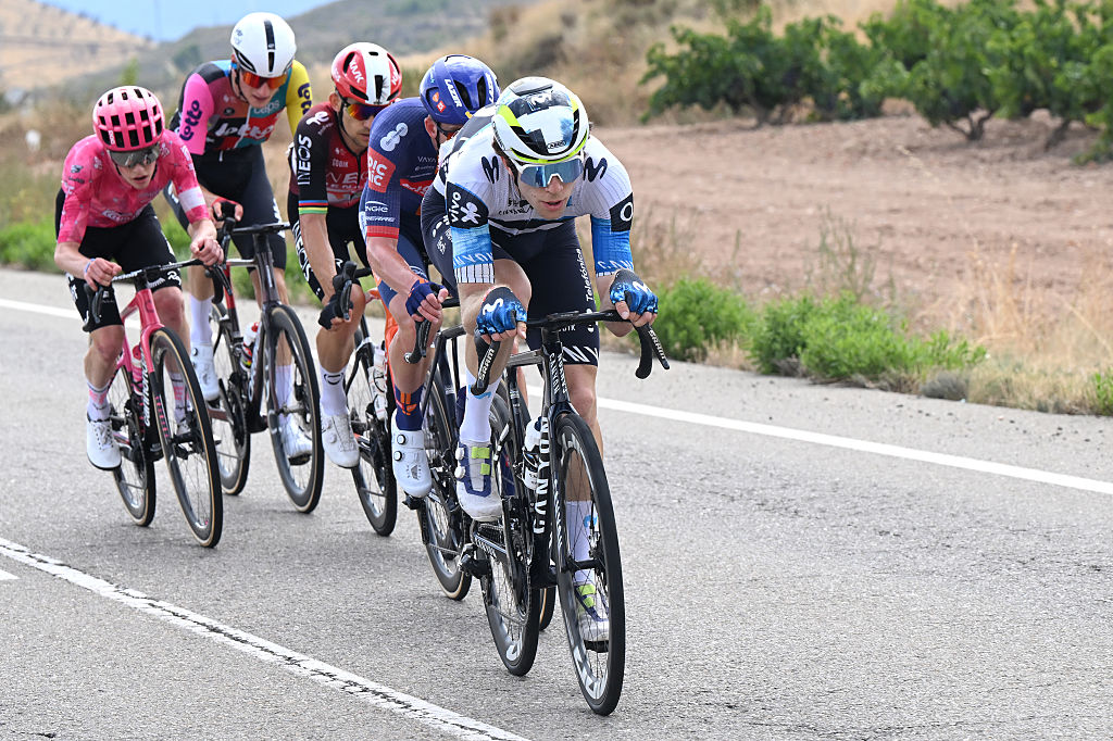 ALFARO, SPAIN - AUGUST 31: Michel Hessmann of Germany and Team Movistar competes in the breakaway during the La Vuelta - 80th Tour of Spain 2025, Stage 9 a 195.5km stage from Alfaro to Estacion de Esqui de Valdezcaray 1541m / #UCIWT / on August 31, 2025 in Alfaro, Spain. (Photo by Dario Belingheri/Getty Images)