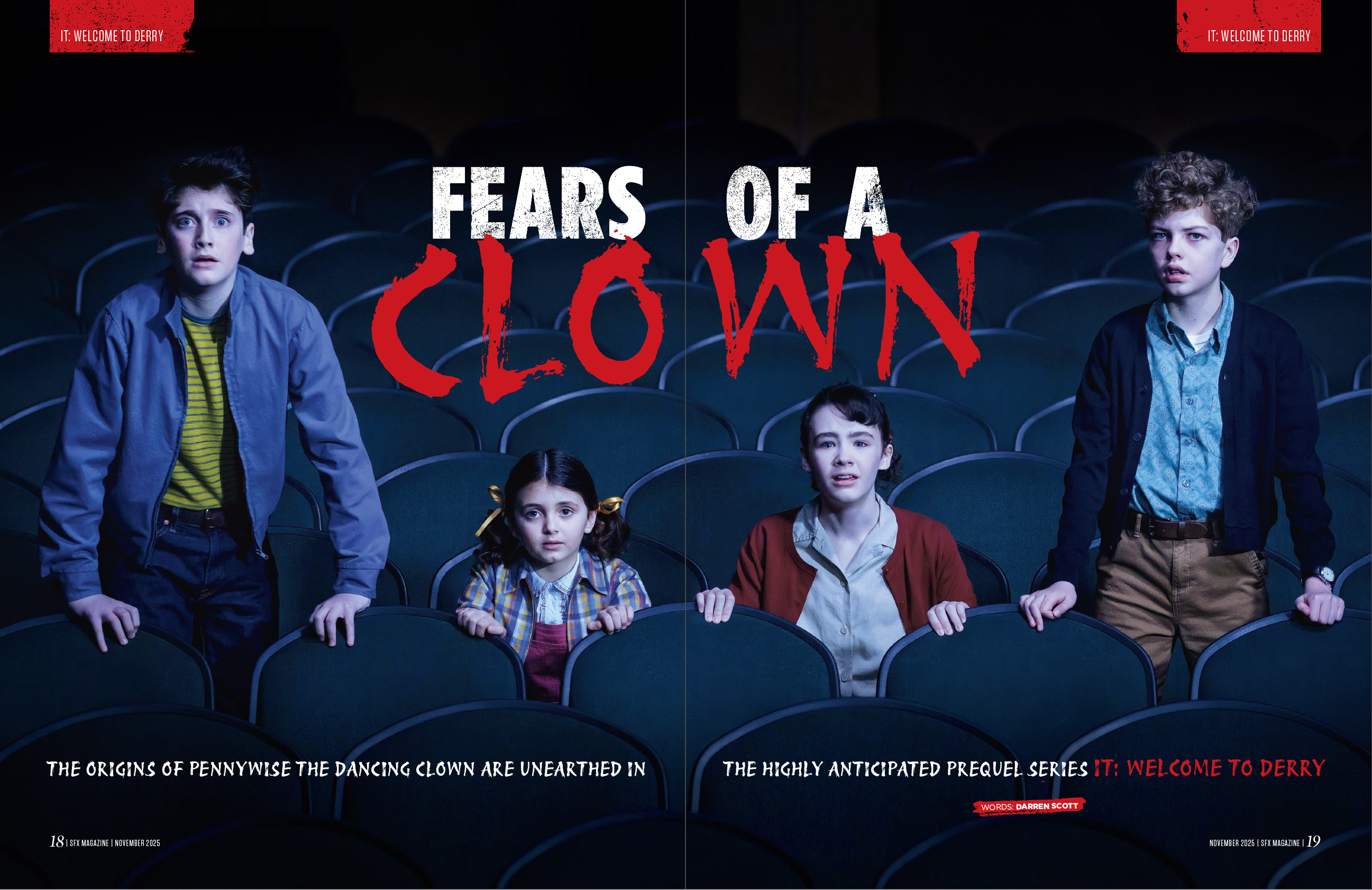 Four young characters from It: Welcome To Derry, in a cinema.