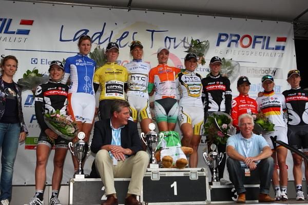 Final podium: Marianne Vos (Nederland Bloeit) won overall and Emilia Fahlin (HTC - Columbia Women) claimed the Young Rider competition, whilst Cervelo Test Team won the team prize.