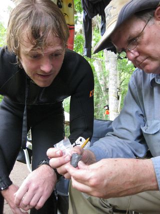Co-principal investigator Michael R. Waters and CSFA student Morgan Smith examine fossils