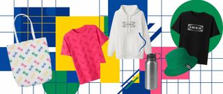 Selection of IKEA merch on a colorful background