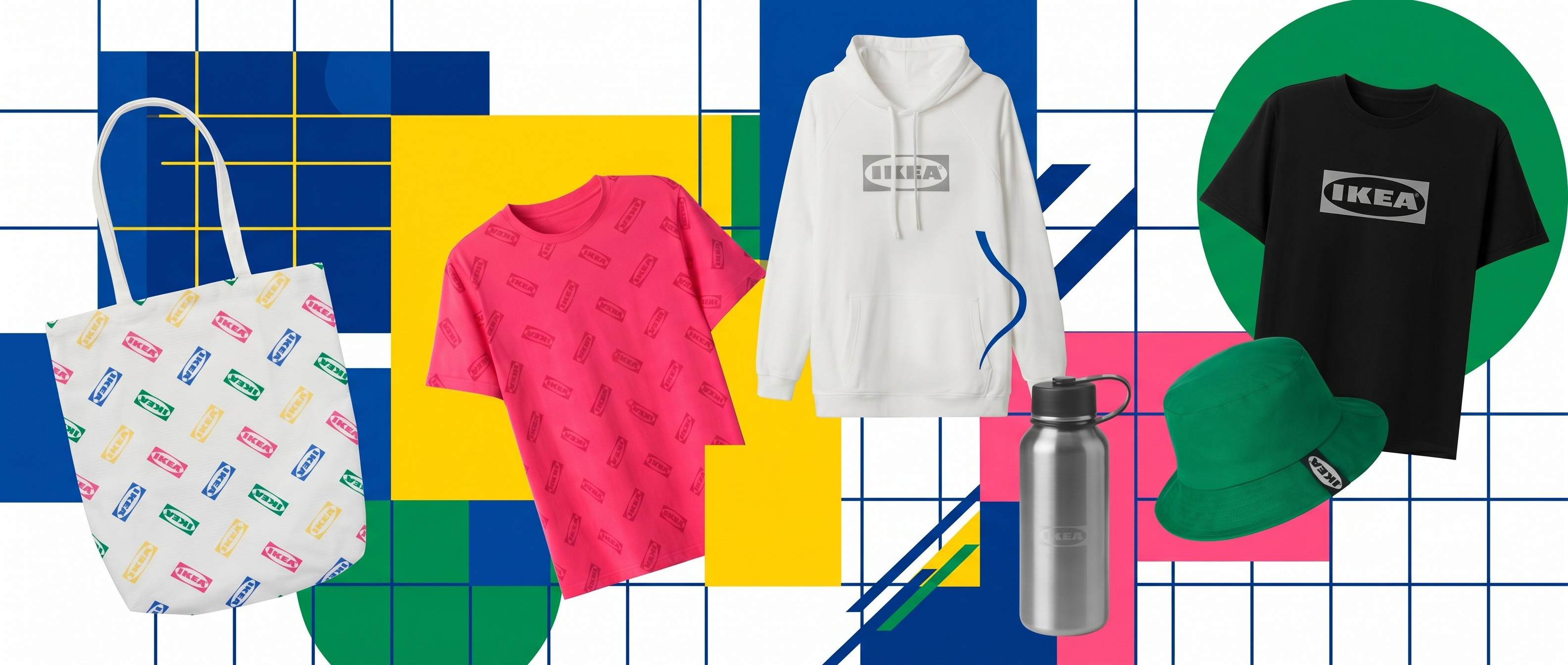 Selection of IKEA merch on a colorful background