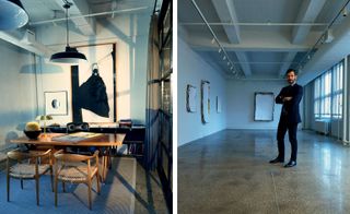 Left, André Viana’s office; Right, Viana in the main space of his gallery, Viana Art