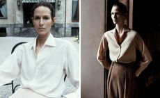 Two images side by side of woman in Loro Piana linen shirtLoro Piana 