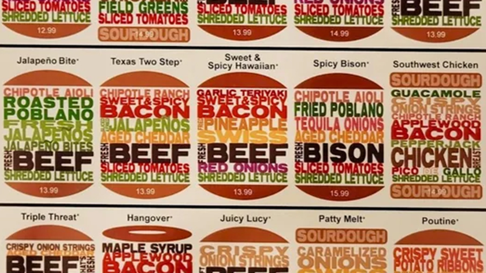 An image from a burger menu showing burger ingredients represented in text in different colours