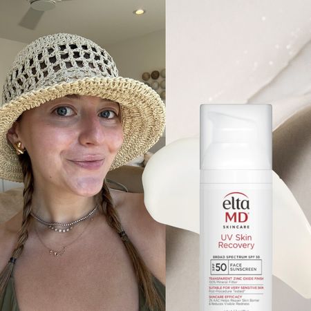 girl in a sun hat during the summer next to rosacea reducing skincare products in white bottle