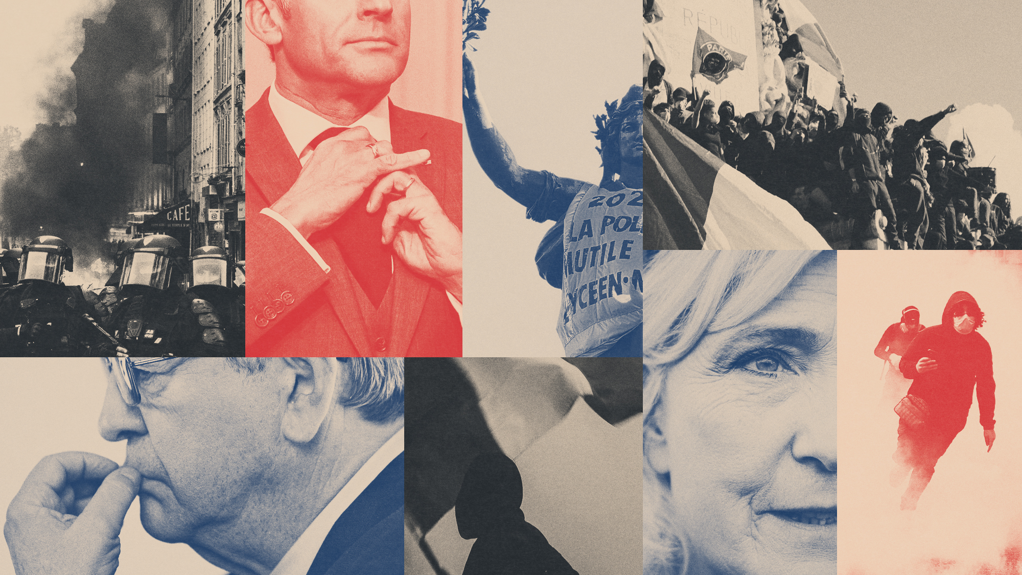 Photo collage illustration of Emmanuel Macron, Marine Le Pen, Jean Luc Melenchon and scenes of protests