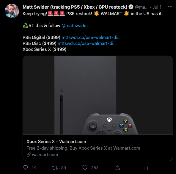 Walmart Xbox Series X restock alert from Matt Swider showing text on Twitter