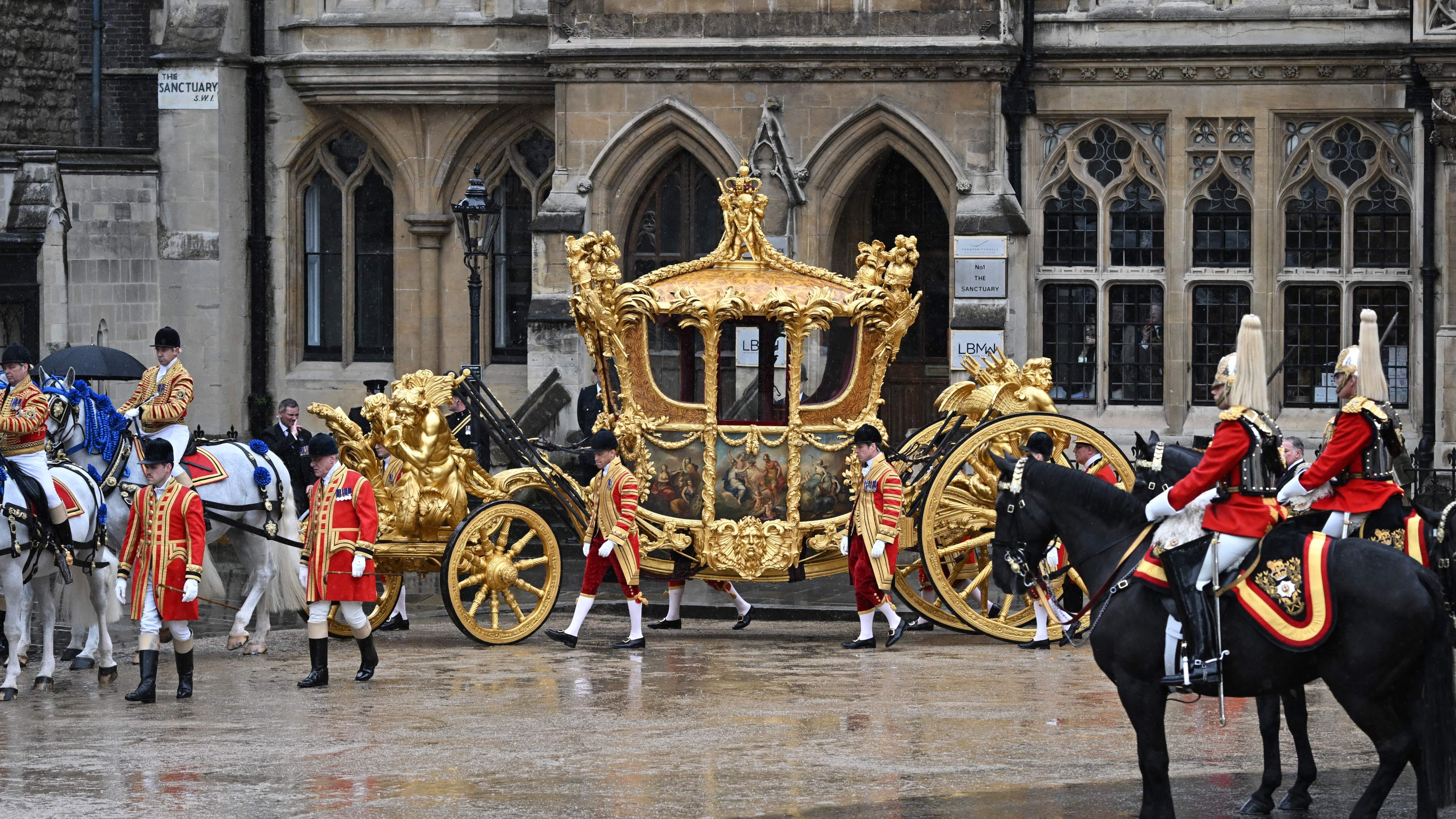 The Gold State Coach being prepared on the day of King Charles and Queen Camilla's coronation