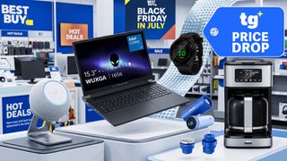 Collage of items on sale inside a Best Buy store