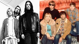 Nirvana, group portrait, backstage at Nakano Sunplaza, Tokyo, Japan, 19th December 1992 AND Photo of SONIC YOUTH, 1992