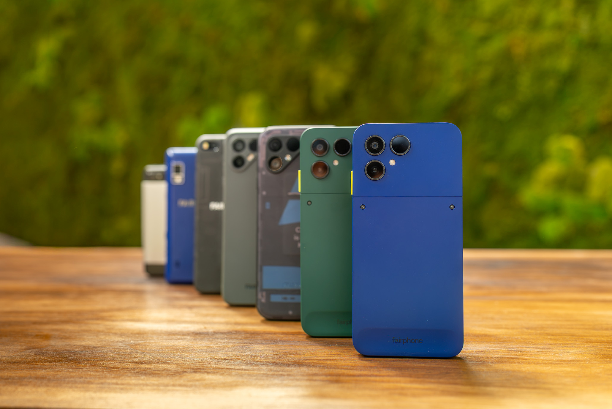 An evolution of the Fairphone, from the earliest FP1 at left to the FP6+ at right