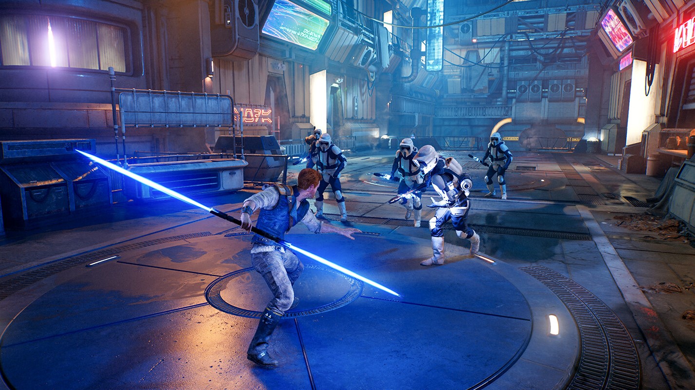 Cal Kestis facing off against a squad of Stormtroopers in Star Wars Jedi: Survivor.