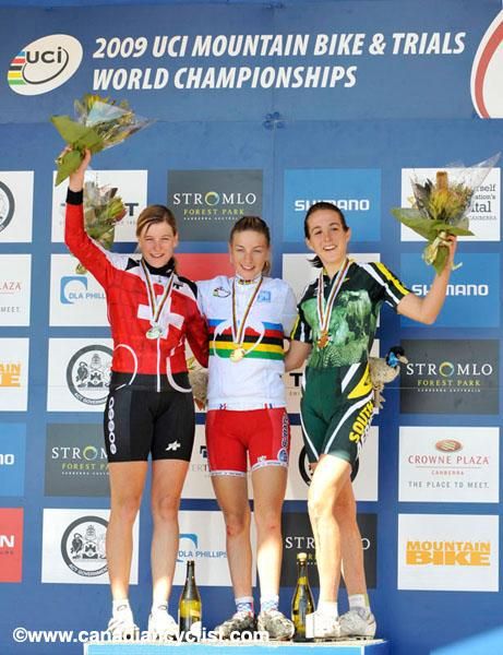 The junior women's podium (l-r): Michelle Hediger, Pauline Ferrand Prevot, Candice Neethling.